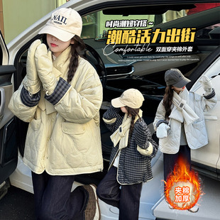 配手套围巾黄色羽绒服女童装2025新款两面穿学院风森系爆款外套
