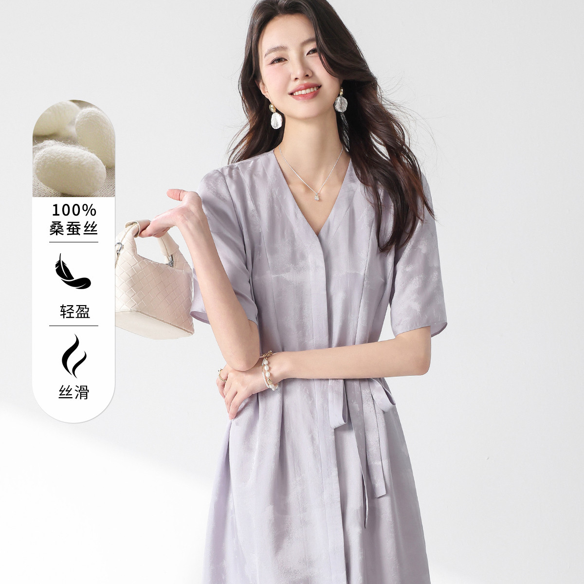 古今GUJIN 100%桑蚕丝纯色真丝系带直筒裙高级感连衣裙 7224215