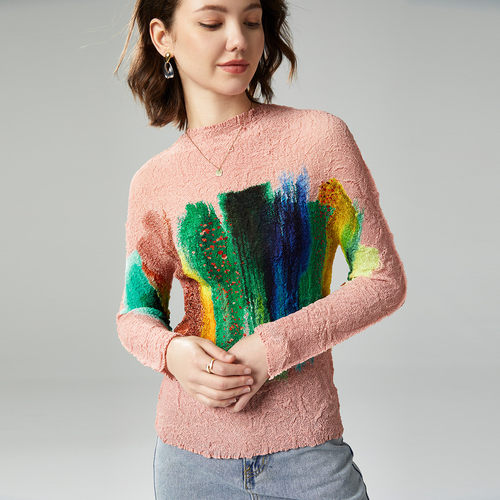 CANTO MOTTO 轻奢褶皱系列艺术感油画拼色印花圆领打底衫 7307098