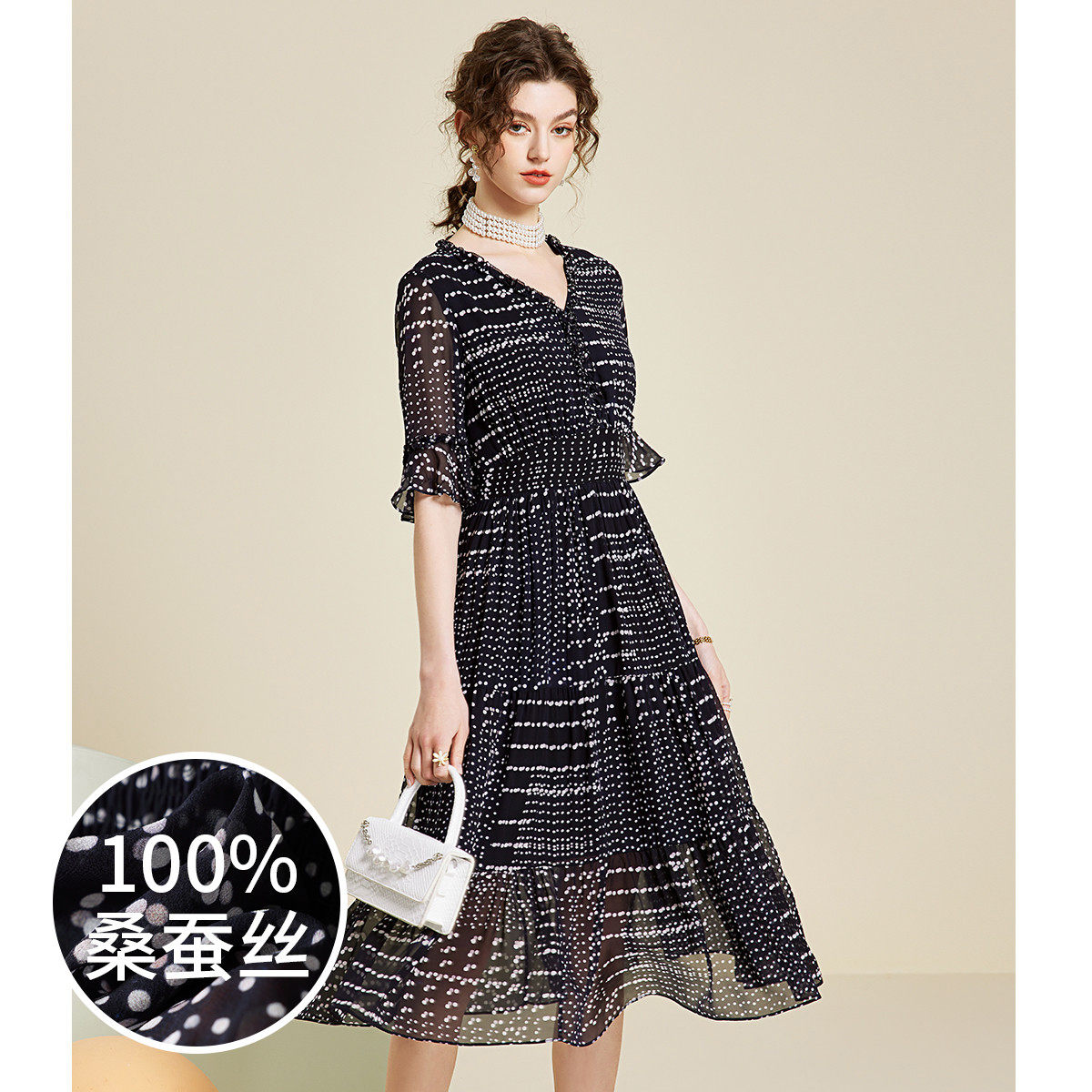 赛兔SAITU 夏季新款100%桑蚕丝10姆米乔其真丝连衣裙 6831624