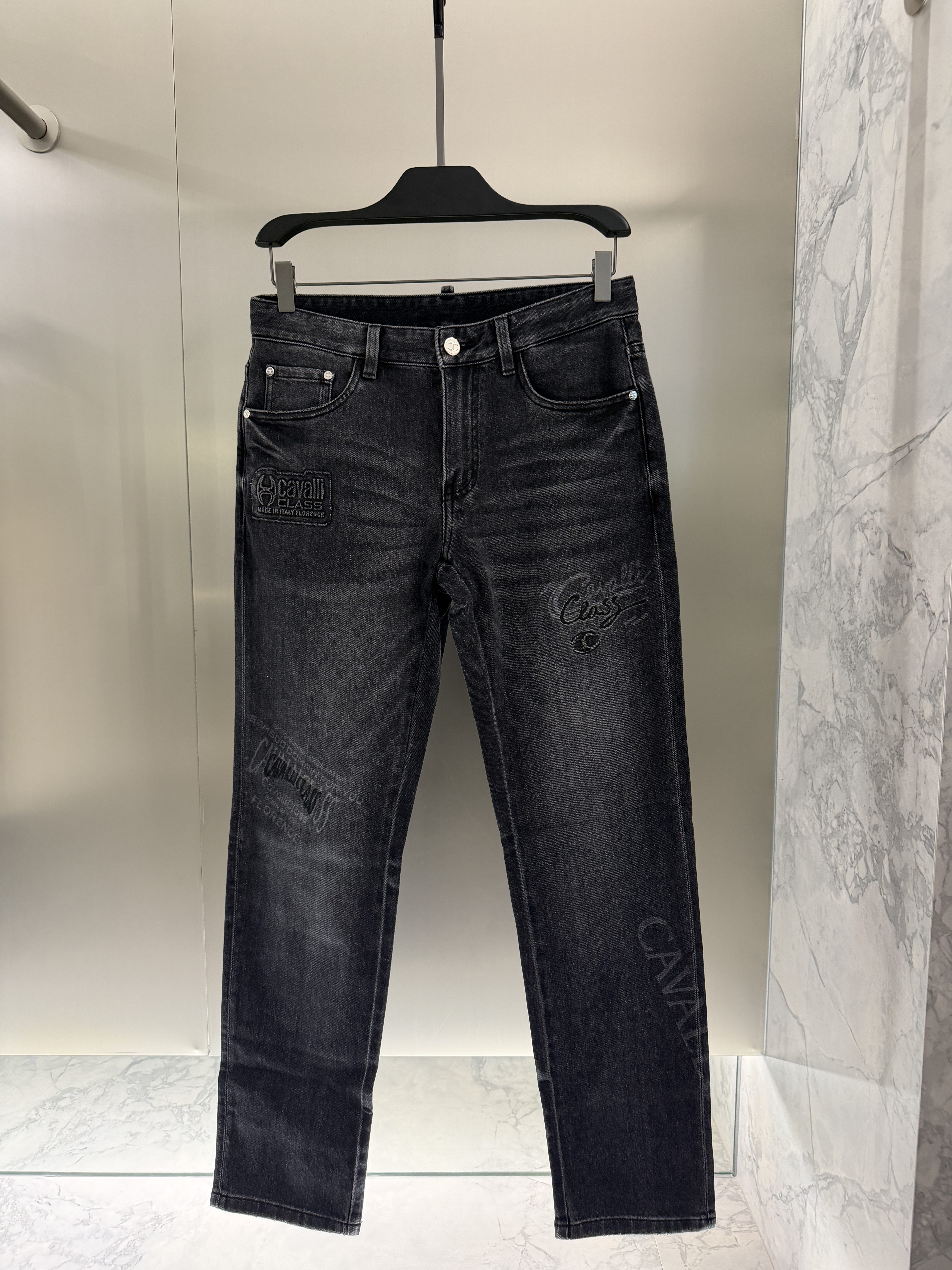 Cavalli Class男装26夏季新款印花牛仔裤做旧修身长裤CM052F1521