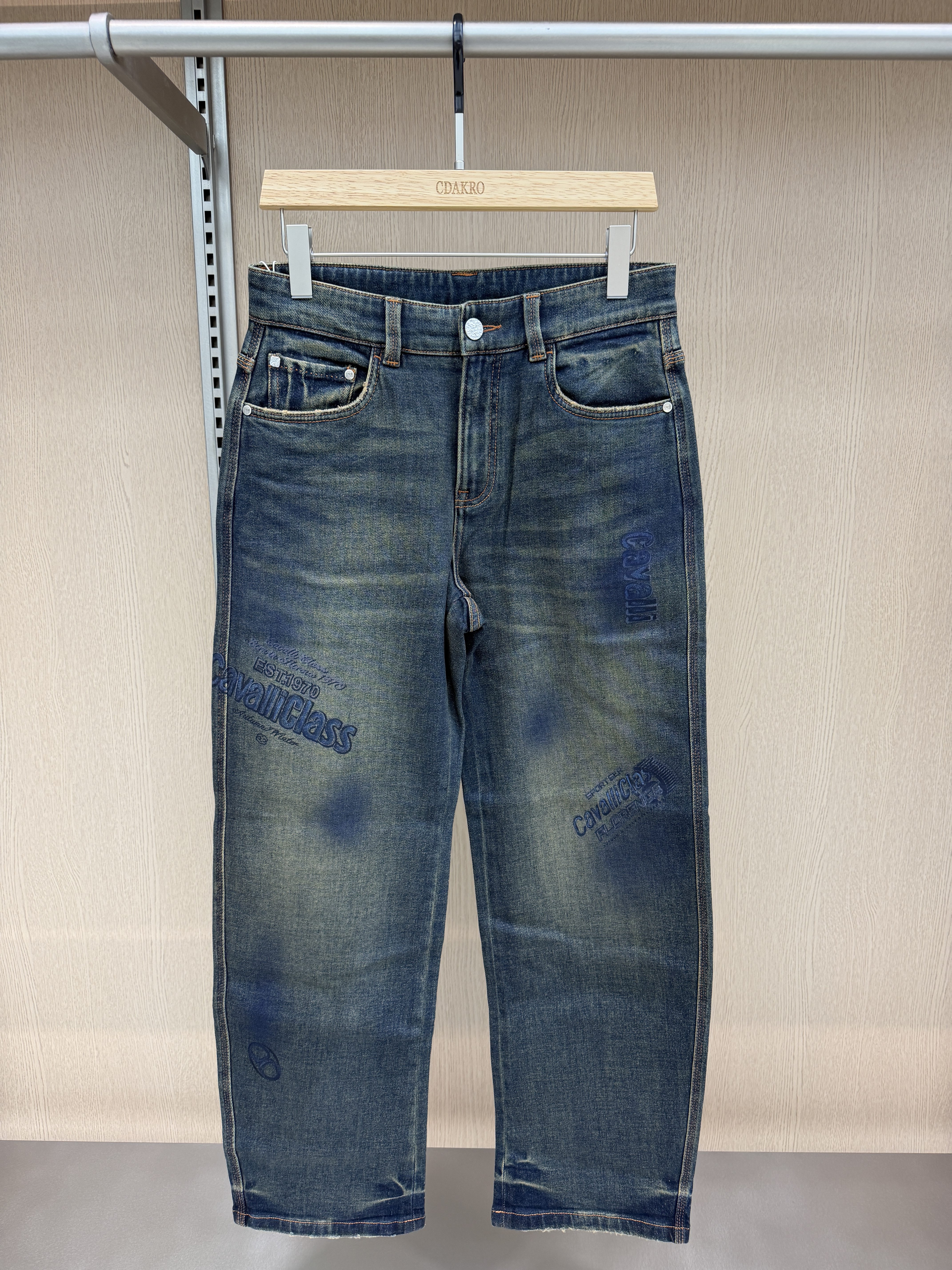 Cavalli Class男装26秋冬新款牛仔裤印花做旧薄绒直筒CM052F3153