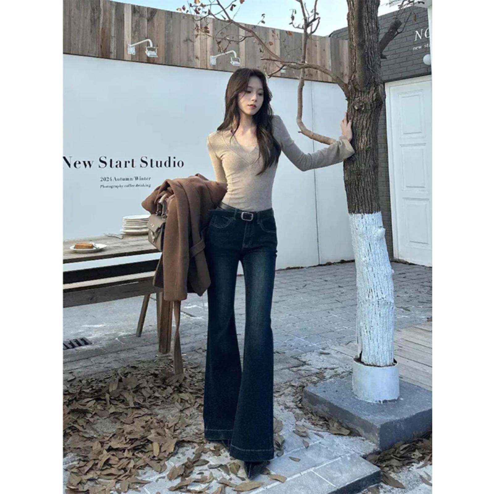 深蓝色美式复古微喇牛仔裤女款夏季新款显瘦马蹄裤修身显瘦喇叭裤