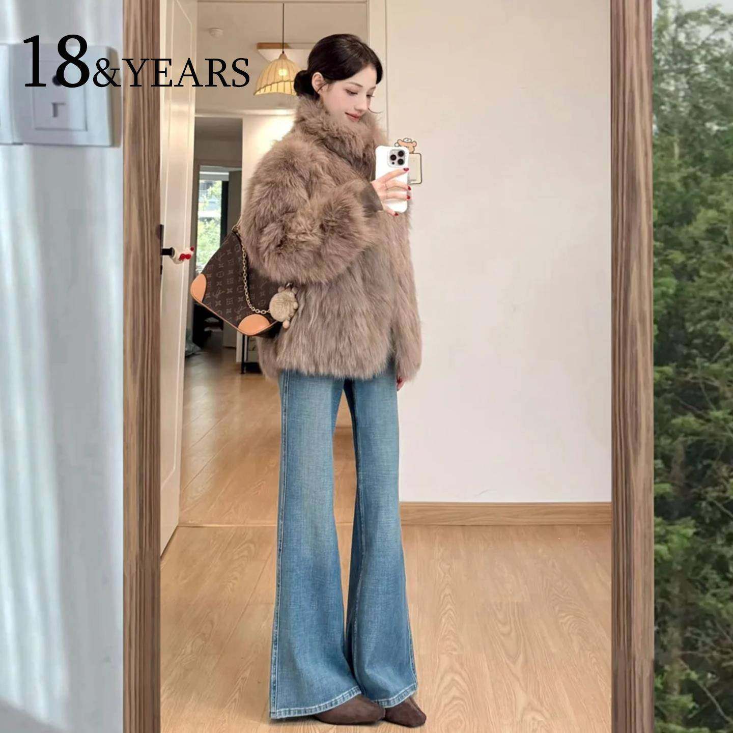 复古加绒微喇牛仔裤女秋冬2025新款高腰显瘦不贴腿小个子喇叭裤子