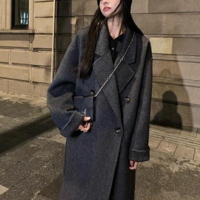 双面羊绒大衣女2025秋冬黑灰色新款韩系宽松中长款高端羊毛呢外套
