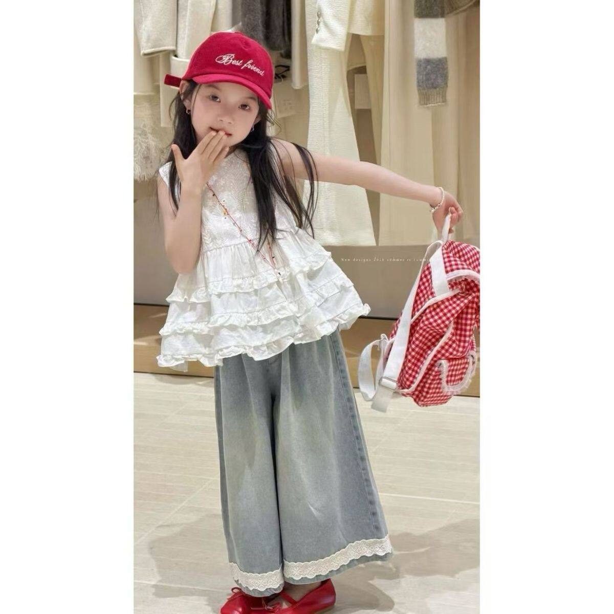 女童牛仔裤宽松阔腿韩式风轻奢小众高端套装初夏巨好看绝美夏季韩