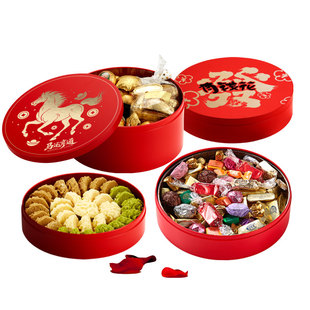 本色烘焙圆形新春红色礼品包装盒曲奇饼干糖酒店冰皮婚庆铁罐定做