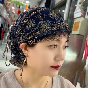 爆品2025盖头流苏重工刺绣鱼尾帽双层爆款手工时尚洋气帽子
