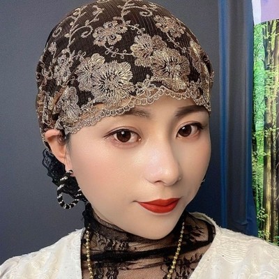 户外包头帽女刺绣透气蕾丝帽子