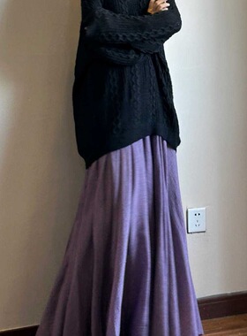 飘逸大摆棉麻半身裙紫色加长遮胯裙子早秋季中式禅意文艺复古长裙