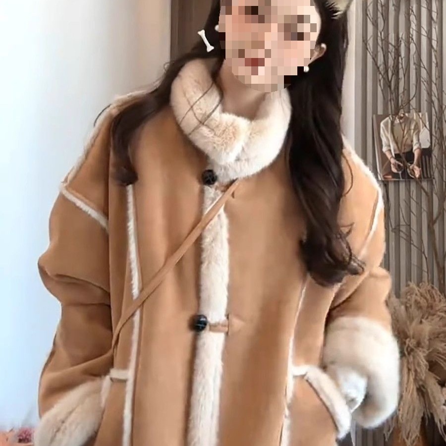 麂皮绒皮草外套女短款2024新款韩版宽松机车服加厚皮毛一体大衣冬