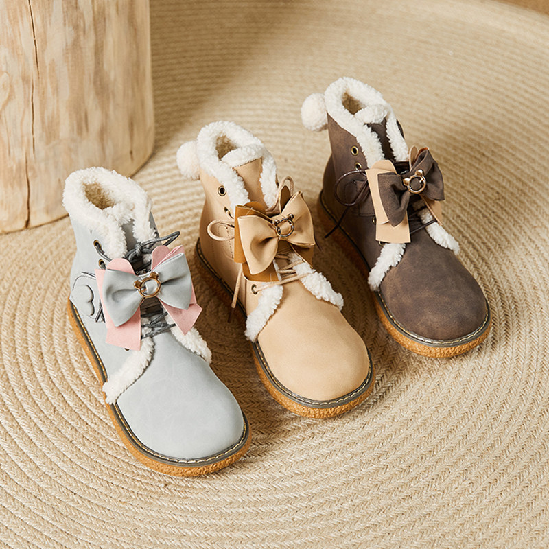 棉鞋女冬2021年新款皮毛一体加绒加厚秋冬季短筒可爱蝴蝶结雪地靴