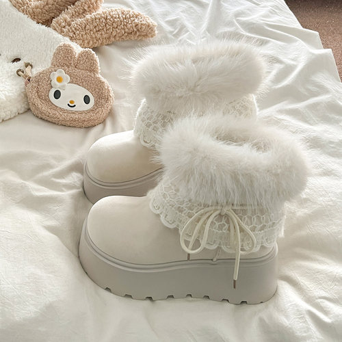 白色厚底加绒加厚毛毛雪地靴女2025新款冬季保暖外穿防滑短筒棉靴