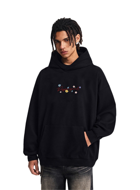 RASP手绘字母花卉元素帽子刺绣连帽卫衣男国潮美式街头百搭外套秋