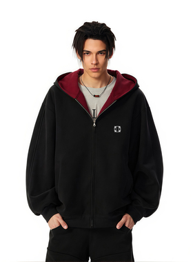 RASP美式拉链重磅空气层撞色开衫连帽卫衣男女情侣休闲外套上衣秋