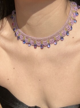 纯欲风蕾丝串珠花边紫色项链choker
