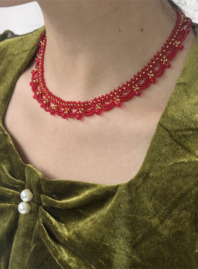 深红色浪漫法式复古手工编织蕾丝项链锁骨链chocker颈圈