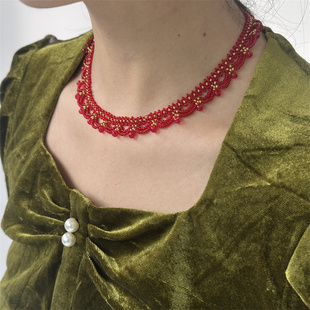 深红色浪漫法式复古手工编织蕾丝项链锁骨链chocker颈圈