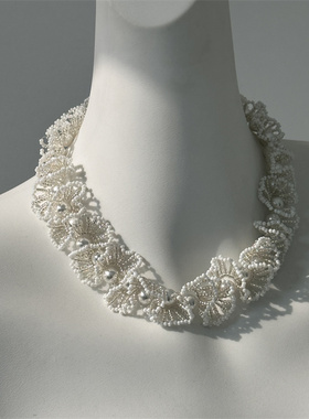 法式复古白色珍珠小米珠编织波浪项链极简轻奢风项锁骨链chocker