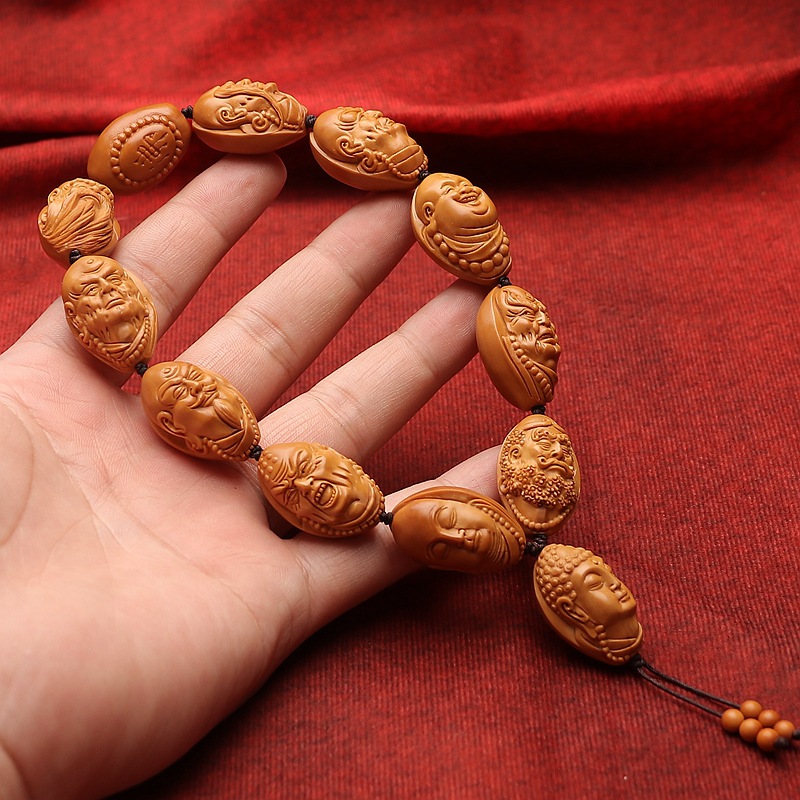 手工橄榄核雕刻十大弟子手持男文玩手串罗汉尊者手把件橄榄胡单面