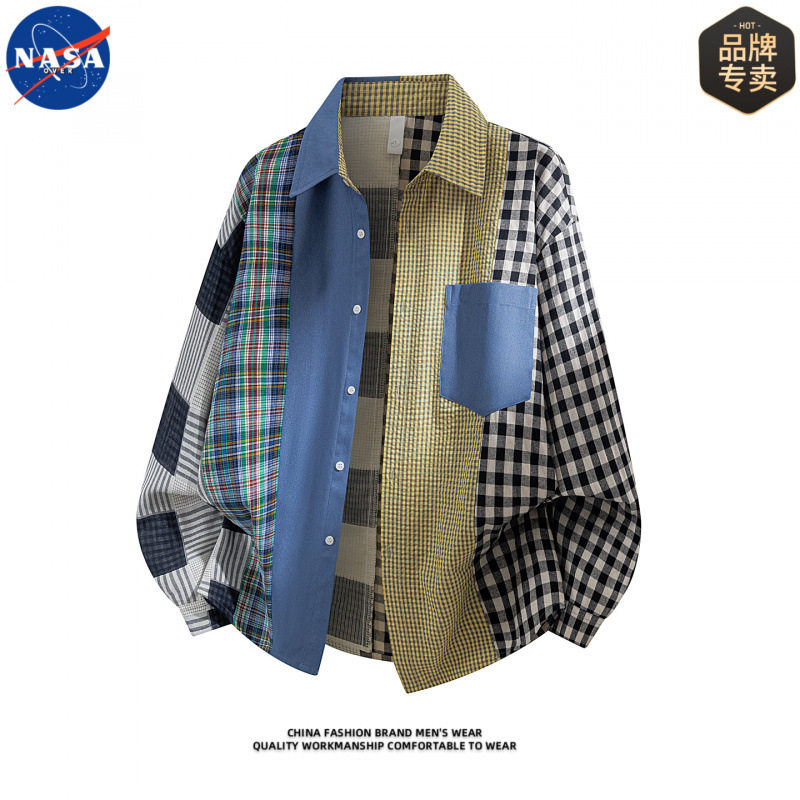 NASA品牌高质量设计感拼色翻领衬衫男士秋季休闲时尚百搭宽松衬衣