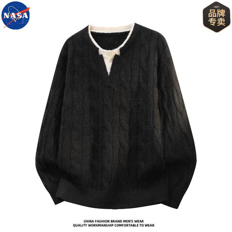 NASA品牌高质量假两件套头毛衣男士宽松圆领撞色拼接休闲针织上衣