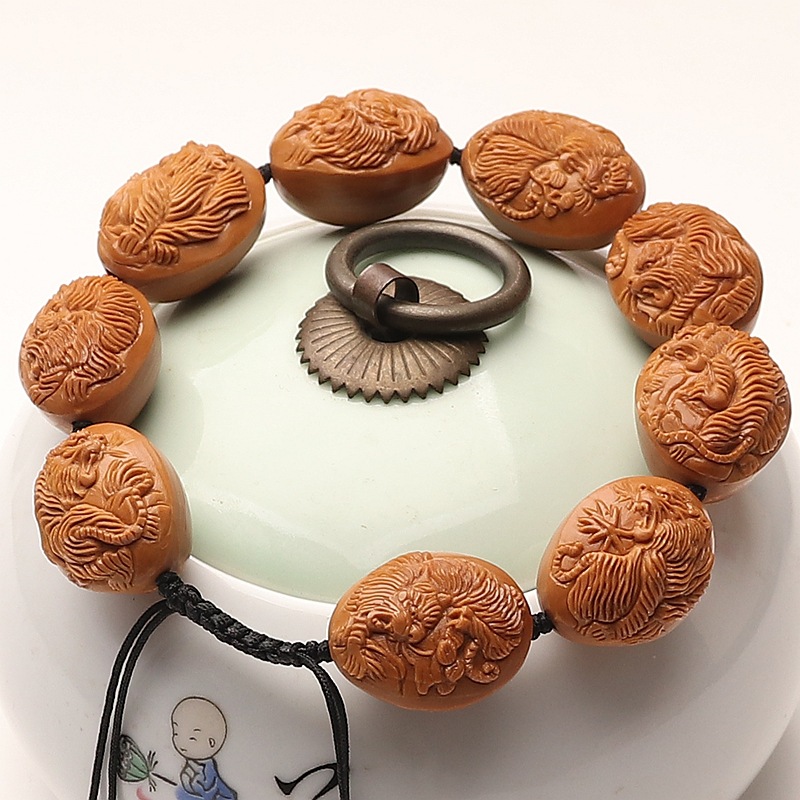 手工单面雕刻橄榄核手串光面浮雕老虎啸山林文玩核雕生肖虎虎生威