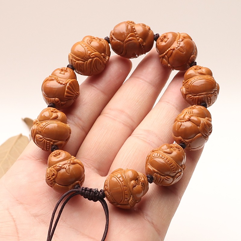 橄榄核铁核雕刻八大财神弥勒手串财弥文玩手工单圈男女款招财手链