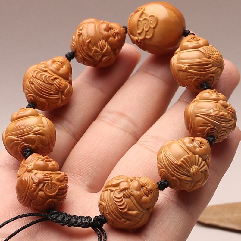 手工八大财神橄榄核雕水晶核老料核手串财神爷大籽橄榄胡手链男女
