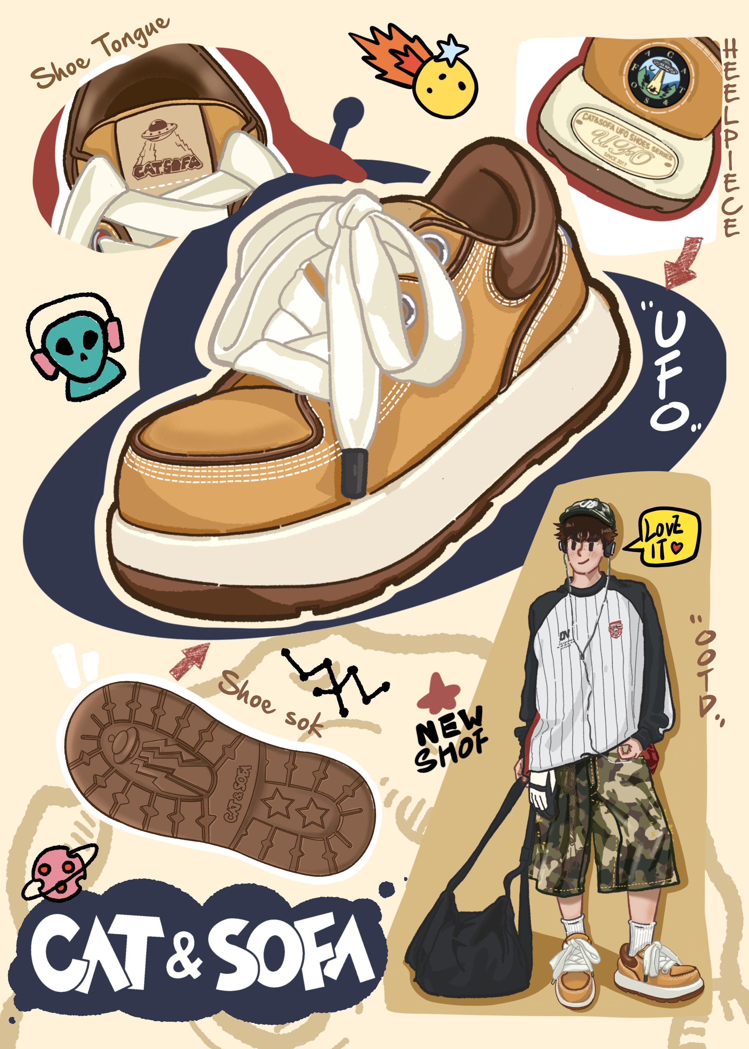 FO系列】猫与沙发/黄色袋鼠鞋Q版丑萌大头鞋厚底情侣低帮板鞋