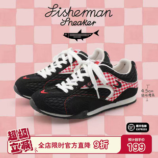 猫与沙发 渔网鞋 黑红格子粗网薄底户外运动休闲鞋 内增高4.5cm