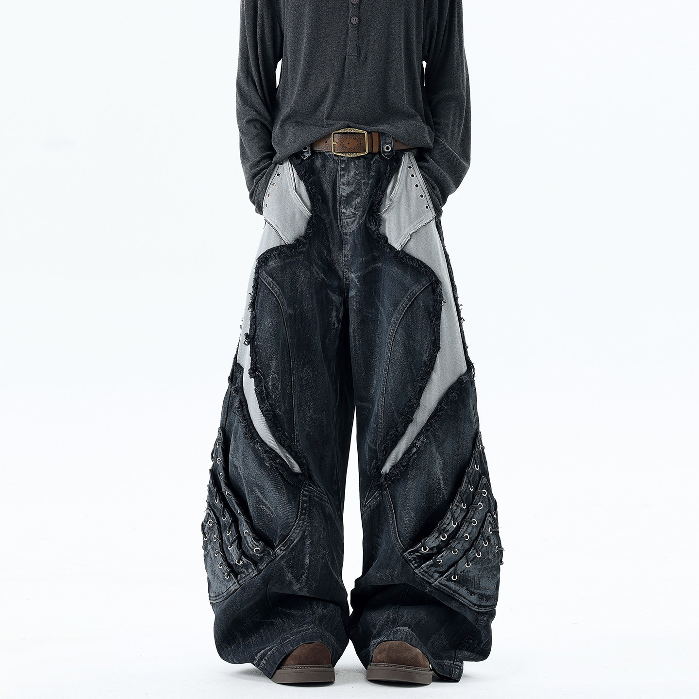 thumbnail for Heavy industry raw edge deconstruction cargo jeans men's autumn American street subculture wasteland style distressed wide-leg pants