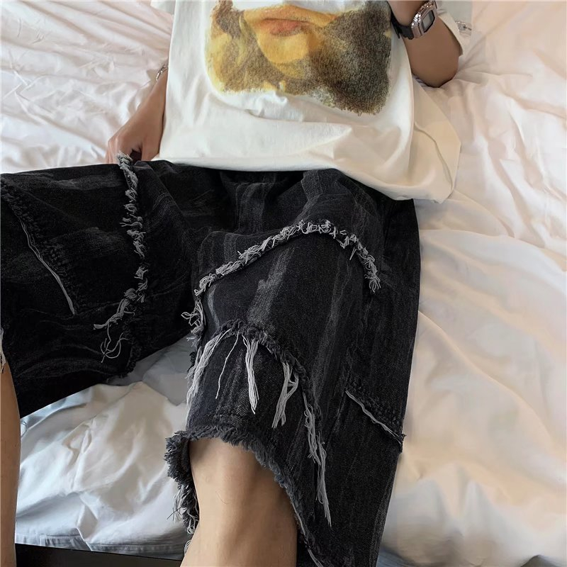 扎染毛边牛仔短裤男夏季美式潮牌
