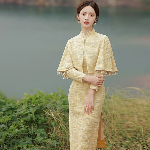 Легкое ципао, плащ, длинная накидка, платье, ретро демисезонный комплект, 2021 года