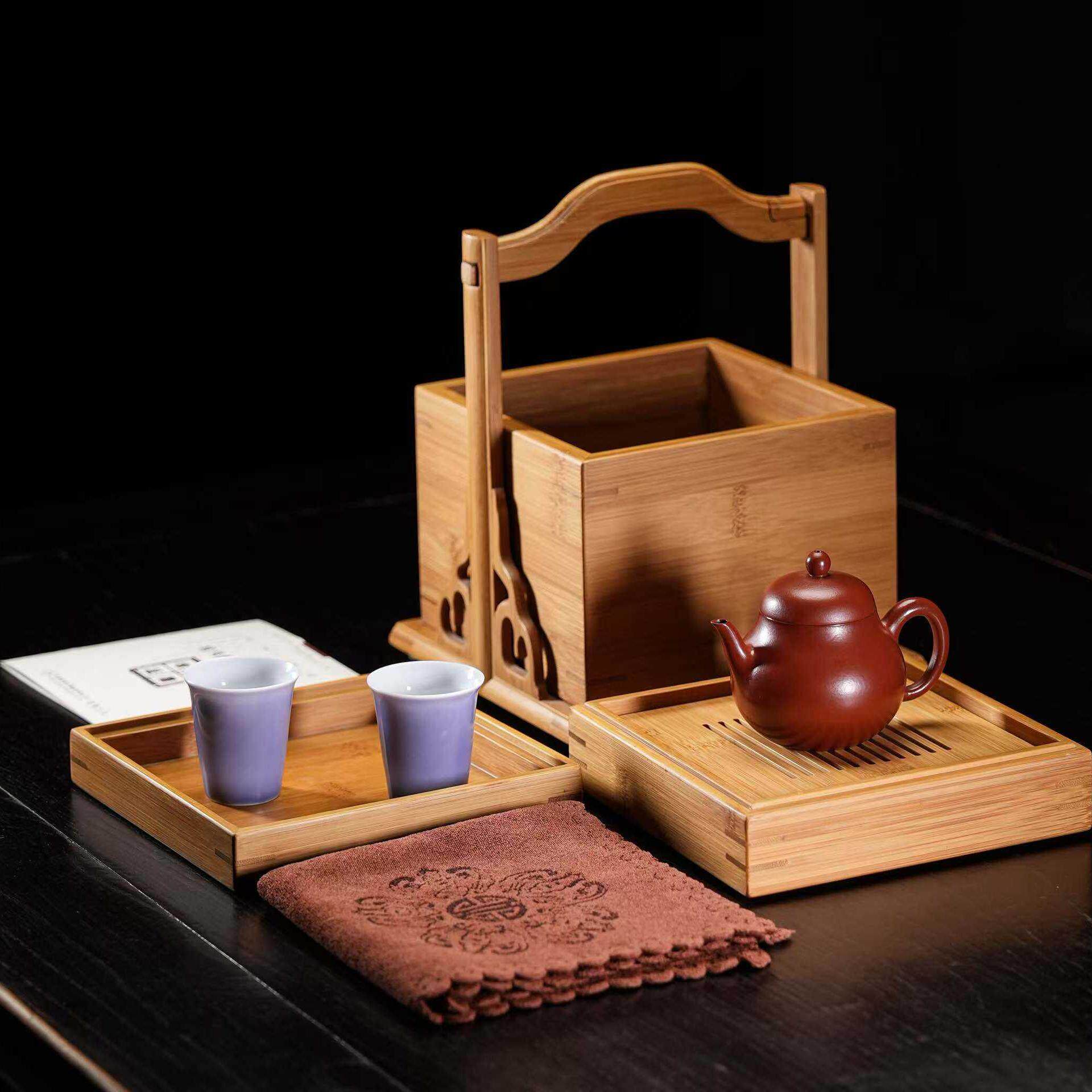竹制茶具多层套组收纳盒点心储物箱户外手提篮一壶两杯功夫茶配件