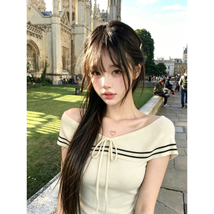 今年流行女装蝴蝶结绑带杏色针织上衣夏季设计感收腰气质短袖t恤