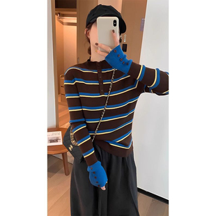 法式漂亮拼接袖条纹打底衫女秋冬内搭秋季新款针织上衣设计感小众