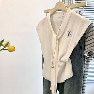 推荐 新款 系带V领小飞袖 女夏季 洋气正肩显瘦减龄上衣 针织衫 自留款