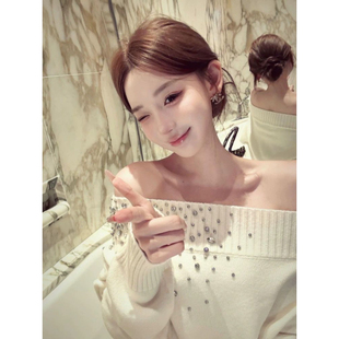 法式一字肩重工钉珠针织衫女秋冬新款设计感小众宽松显瘦毛衣上衣