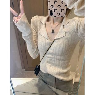 polo领长袖针织衫女秋冬季韩系上衣设计感修身软糯秋装显瘦打底衫