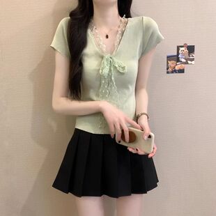 短款 绝美小针织衫 上衣女夏季 多巴胺穿搭独特法式 2025新款 绿色短袖