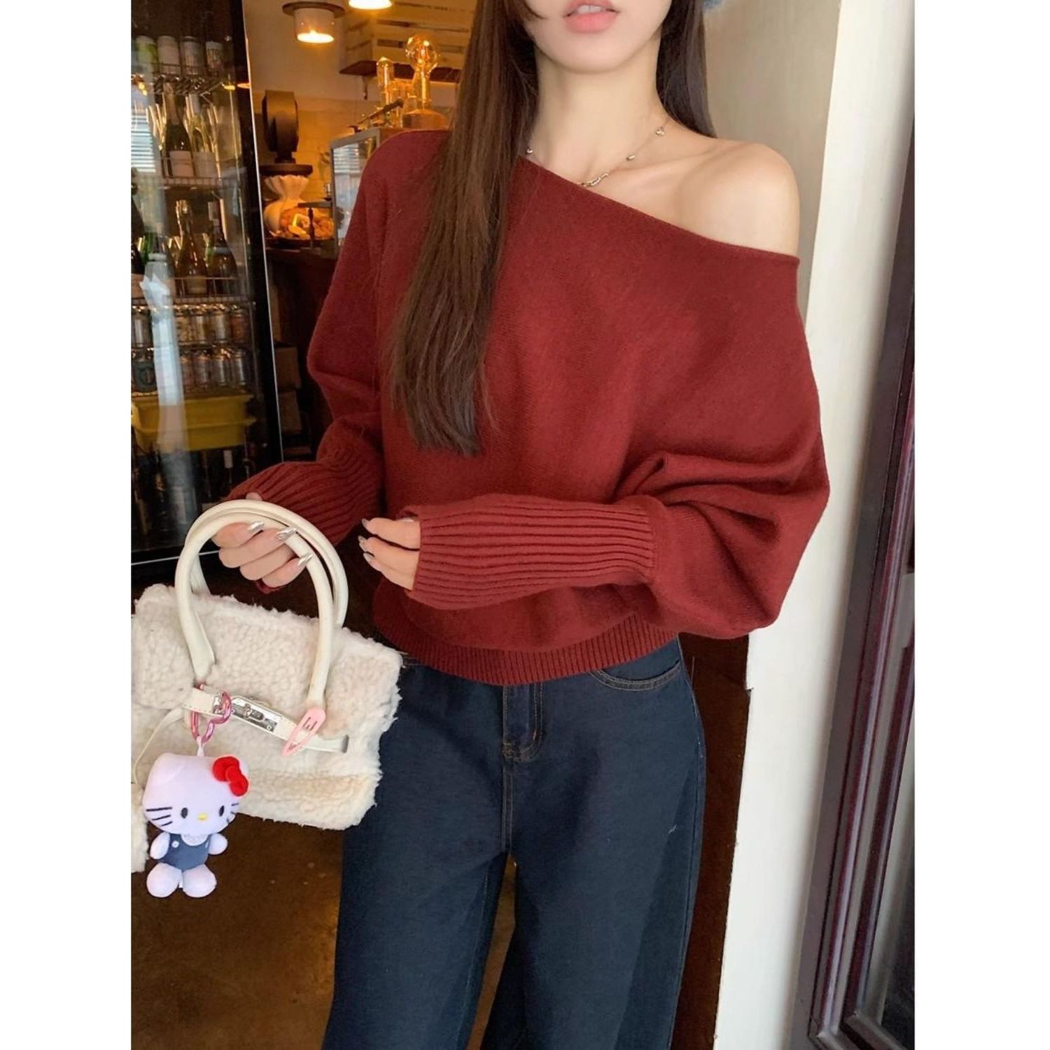 针织衫女宽松毛衣一字斜露肩独特