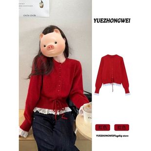 圣诞节穿搭新年过年战袍红色蕾丝拼接毛衣女秋冬慵懒风针织衫上衣