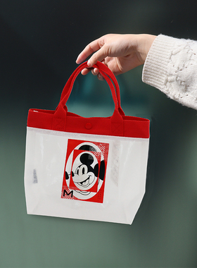 迪士尼正版授权草莓熊透明手领包购物袋饭盒袋便当包史迪奇手提袋