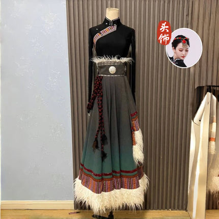 藏族舞蹈演出服女新款民族风大摆裙艺考舞蹈练习裙套装表演服装