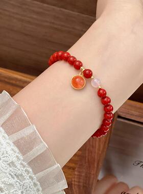 红玛瑙手串本命年显白饰品新中式简约南红手链红色高颜值巨好看的