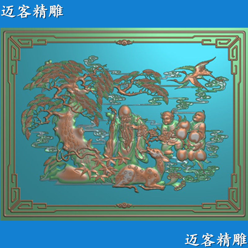 寿星精雕图童子仙鹤浮雕梅花鹿灰度图祥云寿星牌匾背景墙壁画仙翁