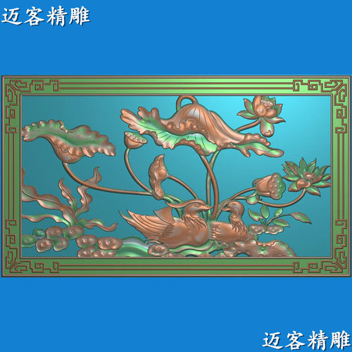 花鸟精雕图荷花鸳鸯浮雕图线雕矢量图木雕栏板屏风图牌匾背景墙