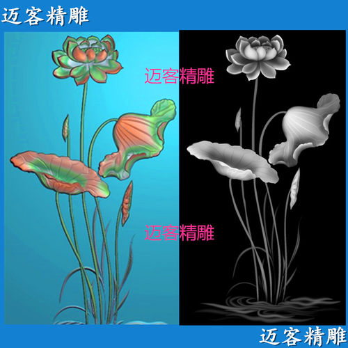 荷花精雕图莲花浮雕灰度图石雕木雕屏风