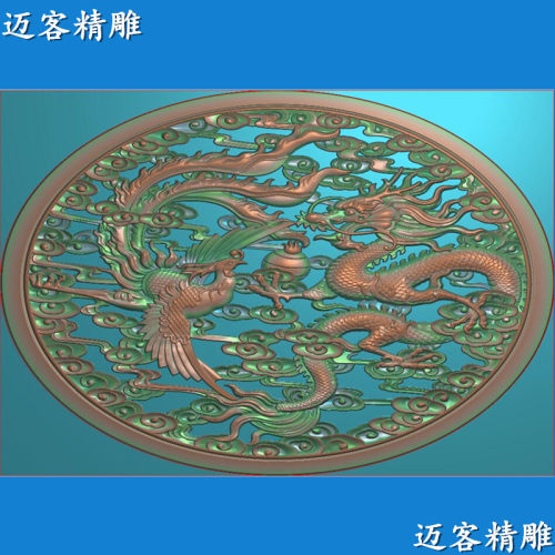 龙凤呈祥精雕图椭圆浮雕灰度图石雕木雕横版中堂迎门墙